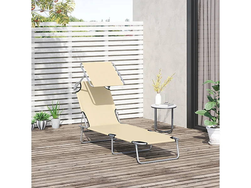Transat bain de soleil pliable grand confort dossier et pare-soleil réglable multi-positions beige