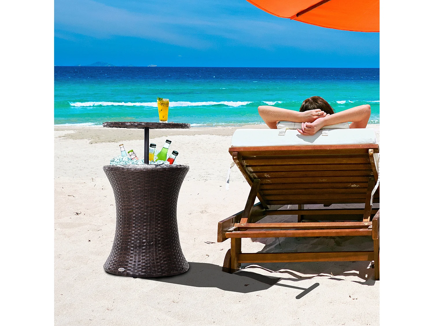 Seau à glace table basse 2 en 1 Ø 48 x 83H cm métal époxy résine tressée imitation rotin marron