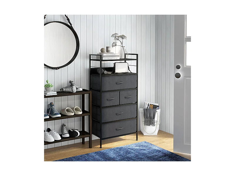 Meuble de rangement commode 5 tiroirs 2 étagères acier MDF non tissé noir