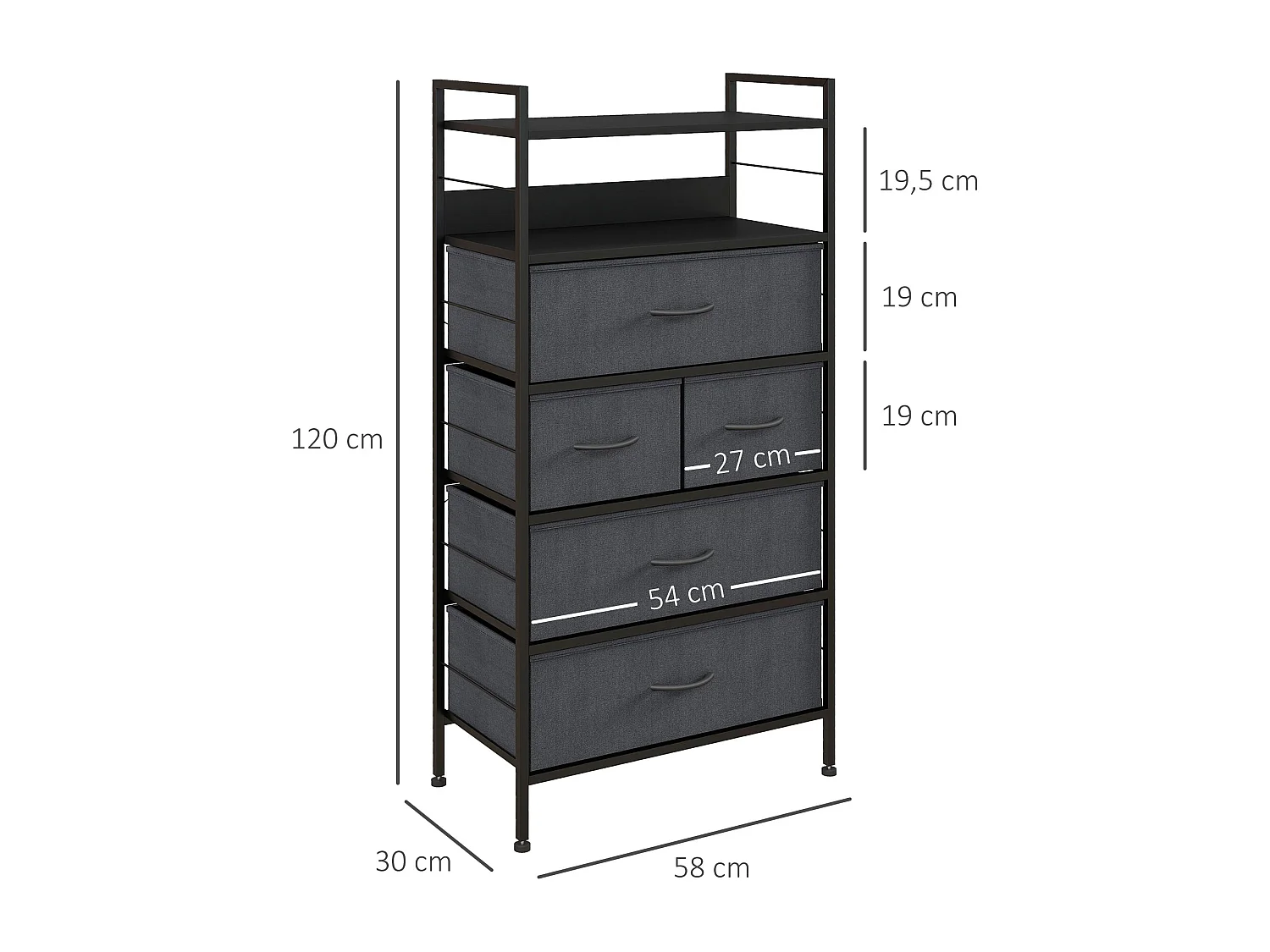 Meuble de rangement commode 5 tiroirs 2 étagères acier MDF non tissé noir