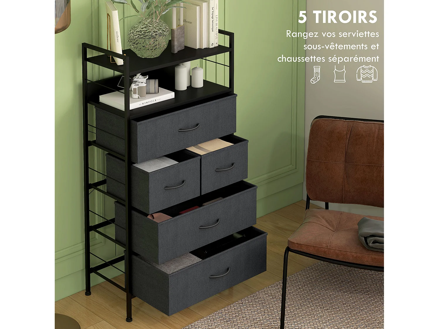 Meuble de rangement commode 5 tiroirs 2 étagères acier MDF non tissé noir