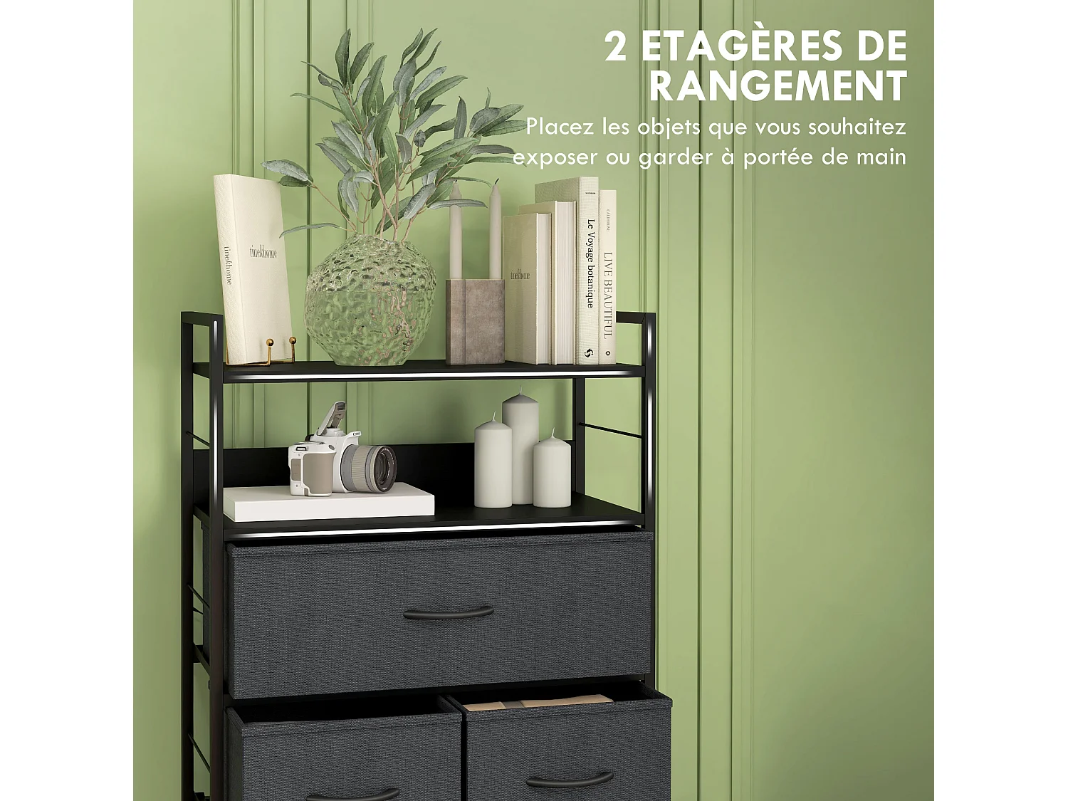 Meuble de rangement commode 5 tiroirs 2 étagères acier MDF non tissé noir