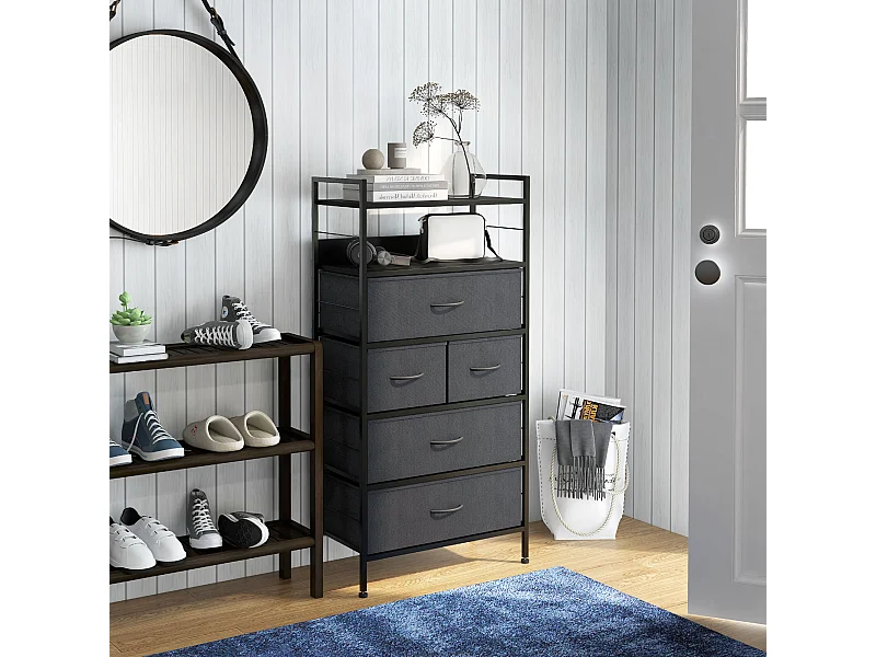 Meuble de rangement commode 5 tiroirs 2 étagères acier MDF non tissé noir