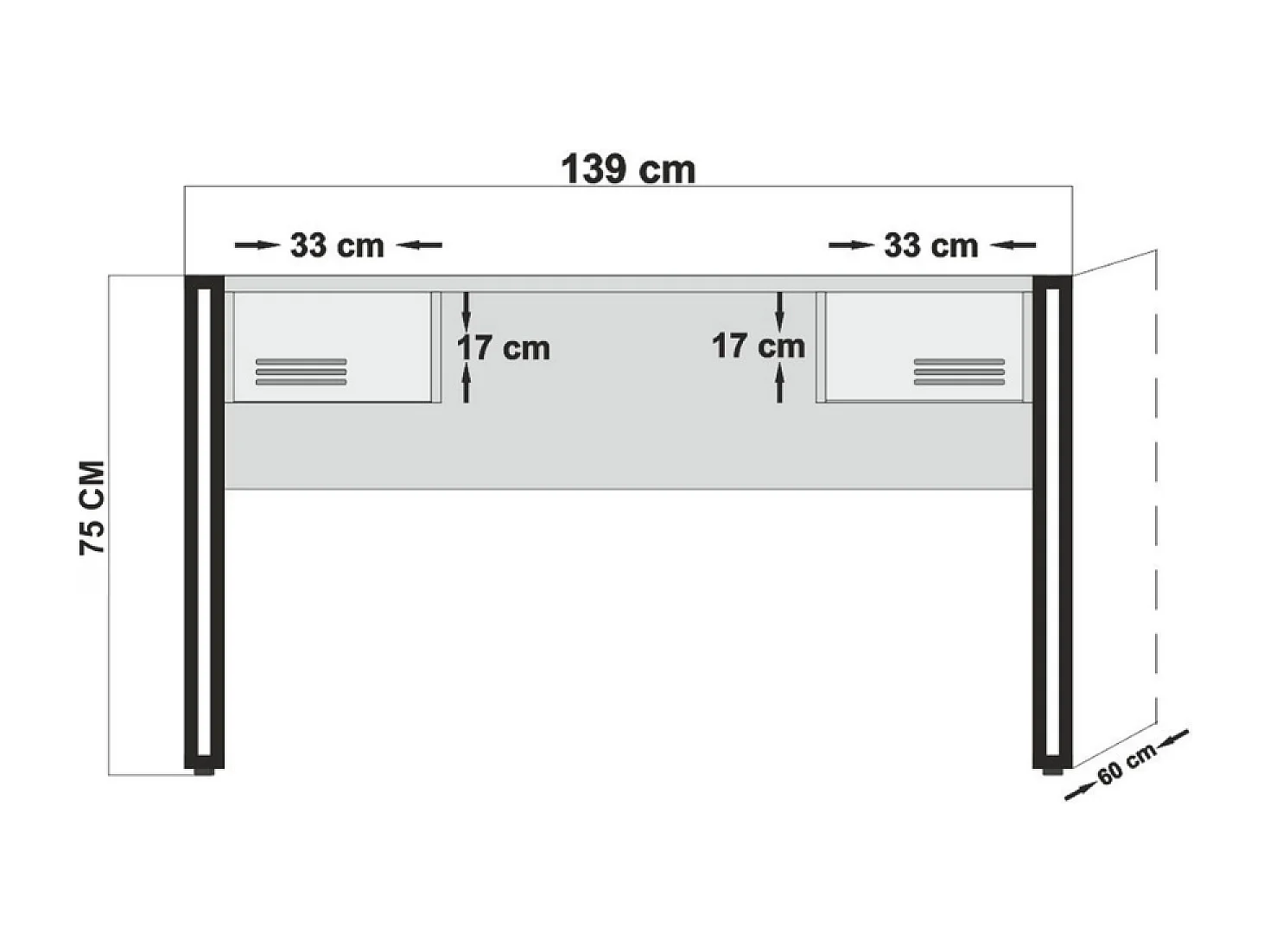Mesa de escritório industrial com gavetas SKIRV em madeira e metal preto