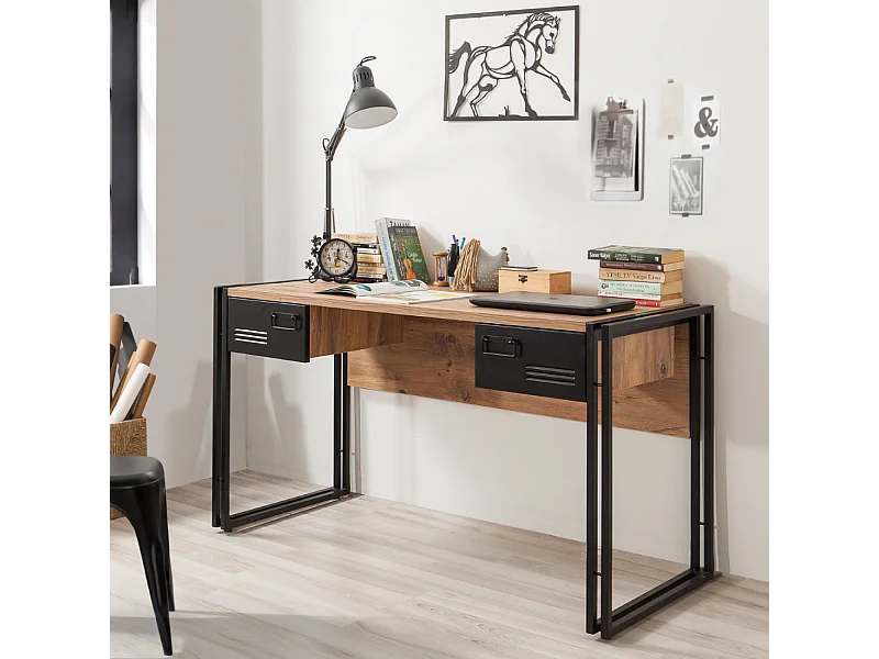 Industrieller Schreibtisch mit SKIRV-Schubladen aus Holz und schwarzem Metall