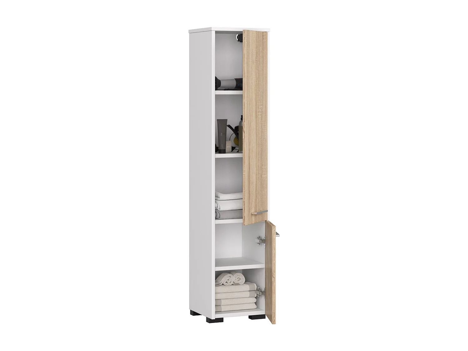 Columna de baño AKORD FIN Blanco 30 cm 2 puertas frente en color Roble Sonoma 5 estantes 30x30x140 cm