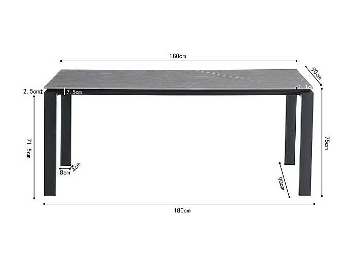 Table à manger 8 personnes collection ATHENA. Longueur 180cm avec plateau de 12mm en pierre grise effet ciment