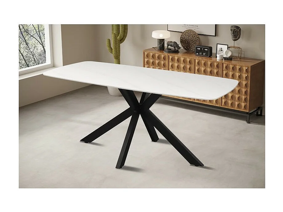 Table à manger VINCI longueur 180cm avec plateau de 10mm en pierre effet marbre blanc