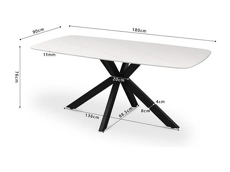 Table à manger VINCI longueur 180cm avec plateau de 10mm en pierre effet marbre blanc