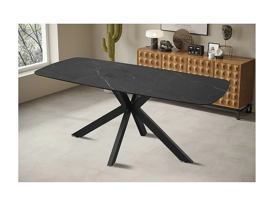 Table à manger VINCI longueur 180cm avec plateau de 10mm en pierre effet marbre noir
