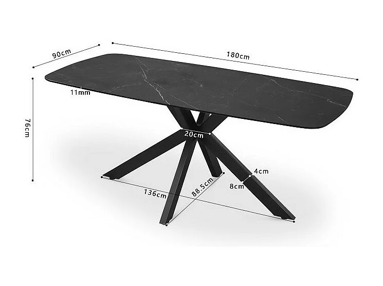 Table à manger VINCI longueur 180cm avec plateau de 10mm en pierre effet marbre noir
