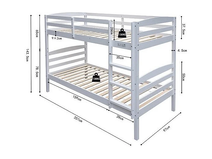 Stapelbed evolutief 90x200 cm BOY - Massief hout - Wit - Inclusief lattenbodem