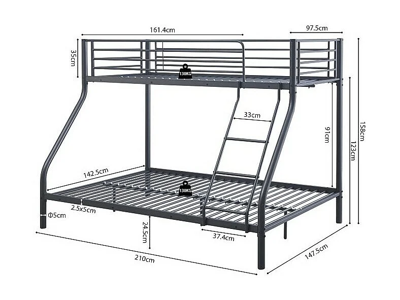 Metall-Etagenbett SAMMY – 90x200 & 140x200 cm – Dunkelgrau – mit Lattenrost