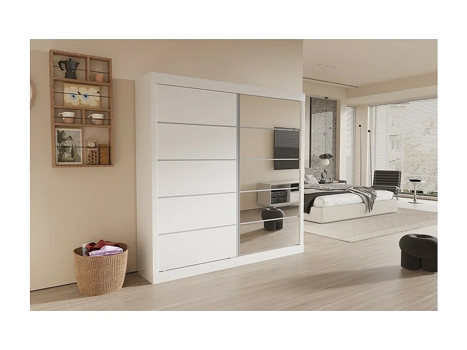 Garde Robe MILS, armoire 2 portes coulissantes avec miroir coloris blanc