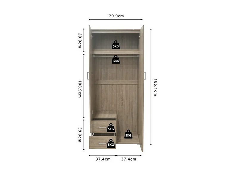 Armoire TOM 2 portes – Chêne Sonoma – Avec miroir – L80 x H185 cm