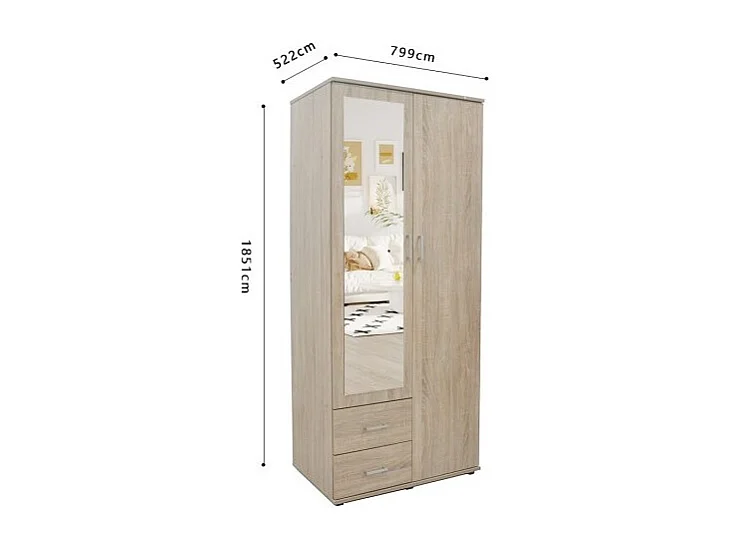 Armoire TOM 2 portes – Chêne Sonoma – Avec miroir – L80 x H185 cm