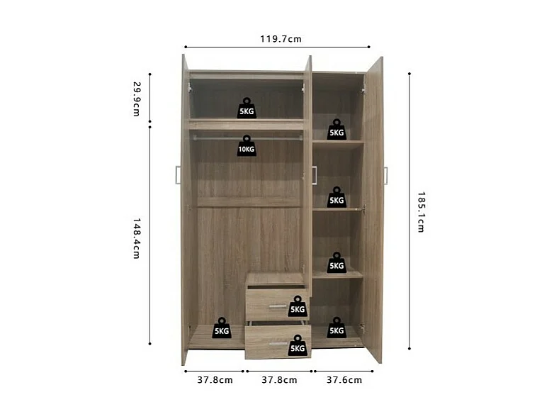 Kledingkast, garderobe met spiegel uit de TOM-collectie, 3 deuren 120 cm, ingebouwde kledingkast Sonoma eiken
