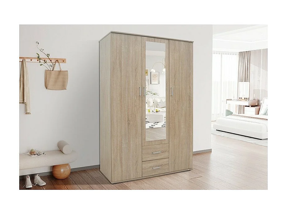 Kledingkast, garderobe met spiegel uit de TOM-collectie, 3 deuren 120 cm, ingebouwde kledingkast Sonoma eiken