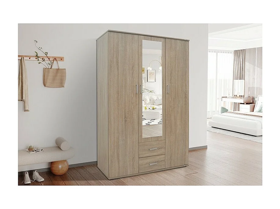 Kledingkast, garderobe met spiegel uit de TOM-collectie, 3 deuren 120 cm, ingebouwde kledingkast Sonoma eiken