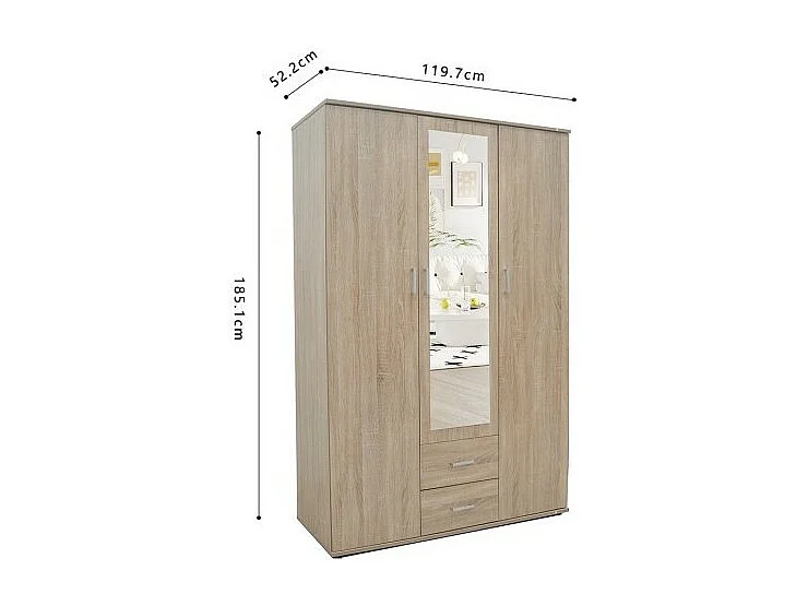 Kledingkast, garderobe met spiegel uit de TOM-collectie, 3 deuren 120 cm, ingebouwde kledingkast Sonoma eiken