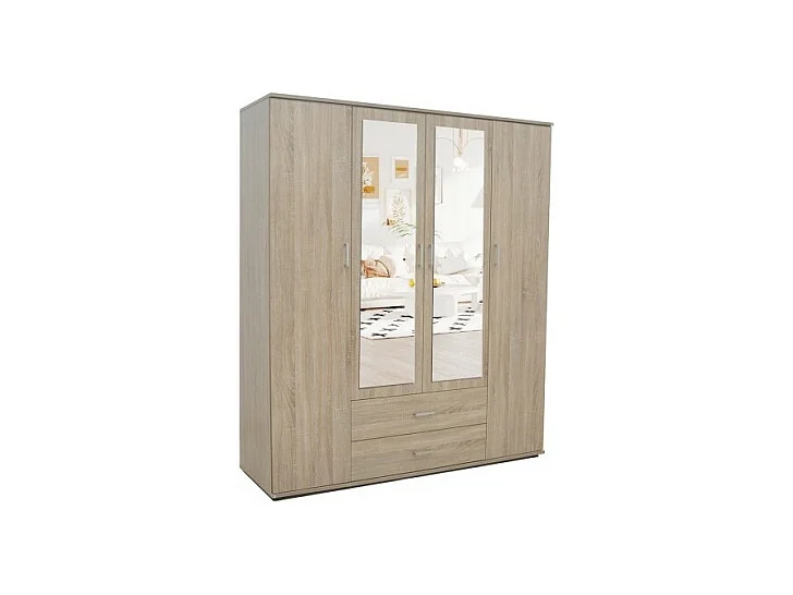 Armoire TOM 4 portes – Chêne Sonoma – Avec miroir – L160 x H185 cm