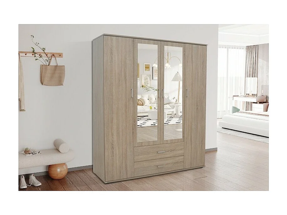 Kledingkast, garderobe, met spiegel uit de TOM-collectie, 4 deuren 160 cm, geïntegreerde kledingkast in Sonoma eiken
