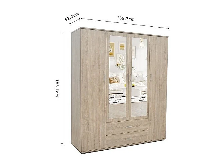 Kledingkast, garderobe, met spiegel uit de TOM-collectie, 4 deuren 160 cm, geïntegreerde kledingkast in Sonoma eiken