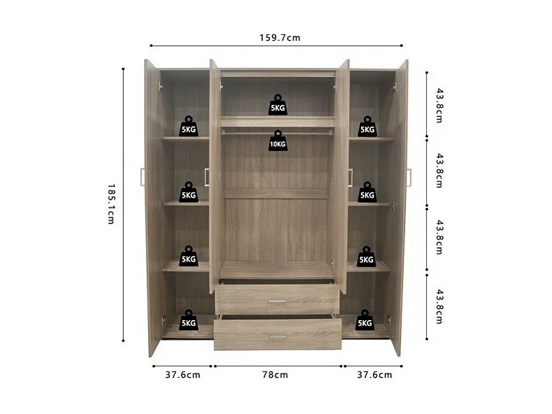 Kledingkast, garderobe, met spiegel uit de TOM-collectie, 4 deuren 160 cm, geïntegreerde kledingkast in Sonoma eiken