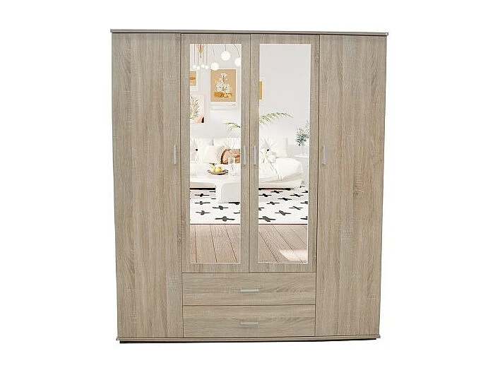 Kledingkast, garderobe, met spiegel uit de TOM-collectie, 4 deuren 160 cm, geïntegreerde kledingkast in Sonoma eiken