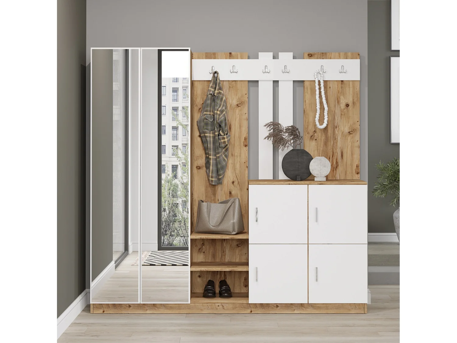 Mobile d'ingresso con specchio legno e bianco ANKA