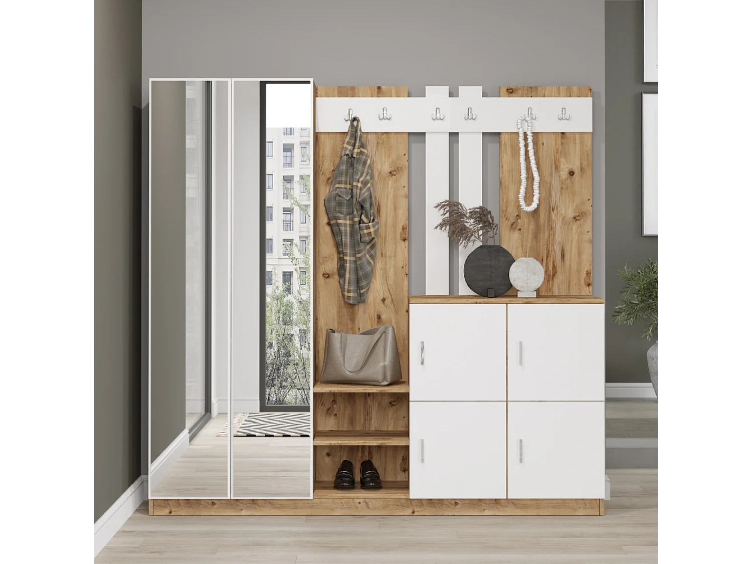 Mobile d'ingresso con specchio legno e bianco ANKA