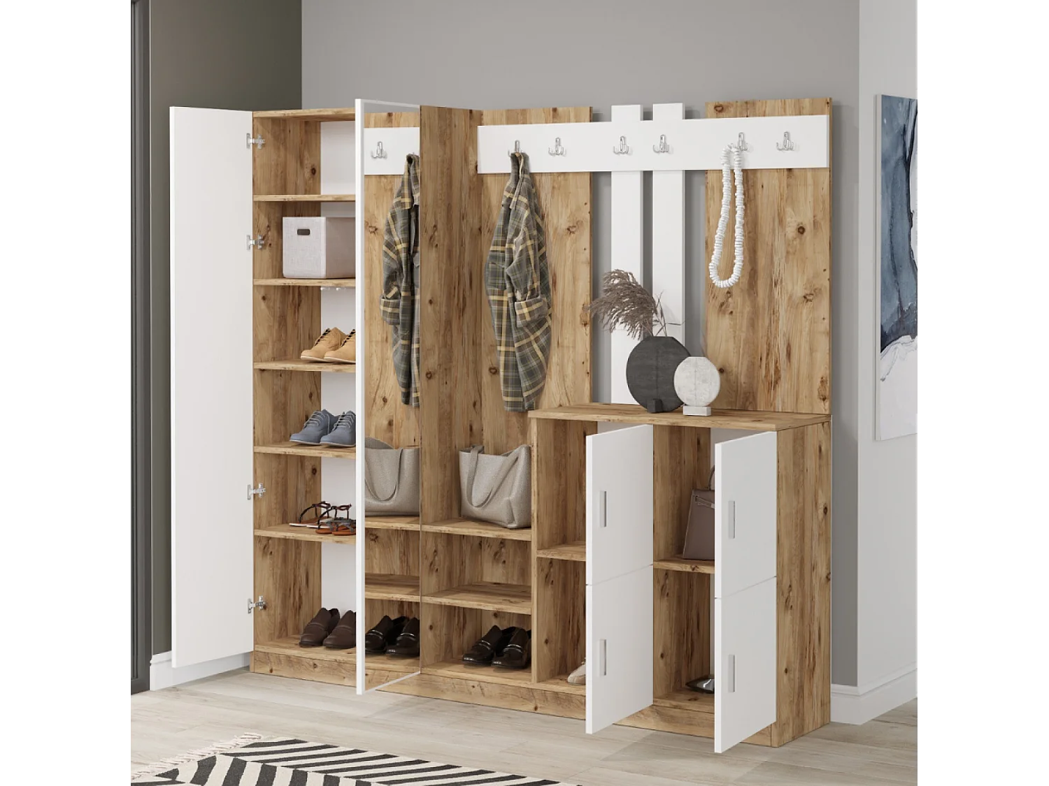 Halmeubel met houten en witte spiegel ANKA - Ruime en elegante opbergruimte