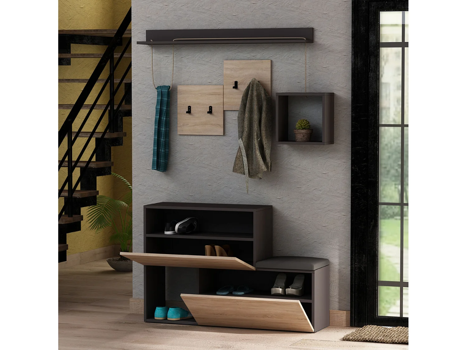 Mobile d'ingresso design a parete legno e grigio INGA