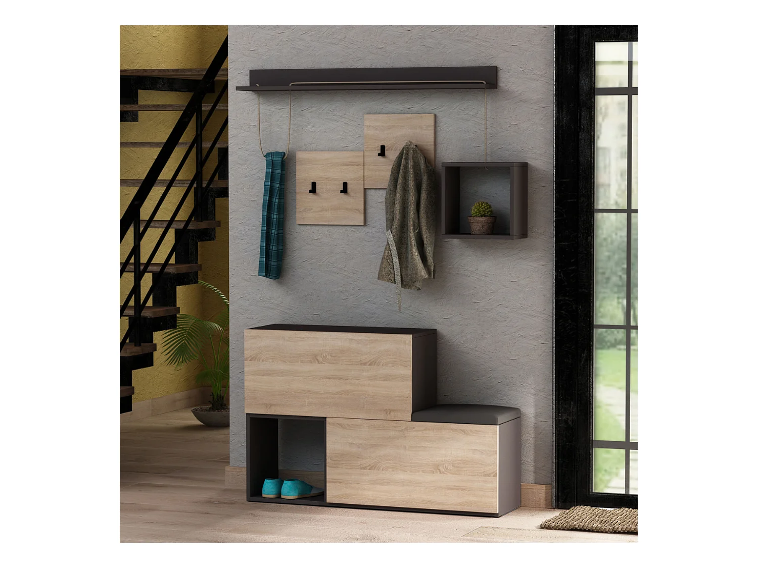 Design Wandgarderobe aus Eiche und Grau INGA