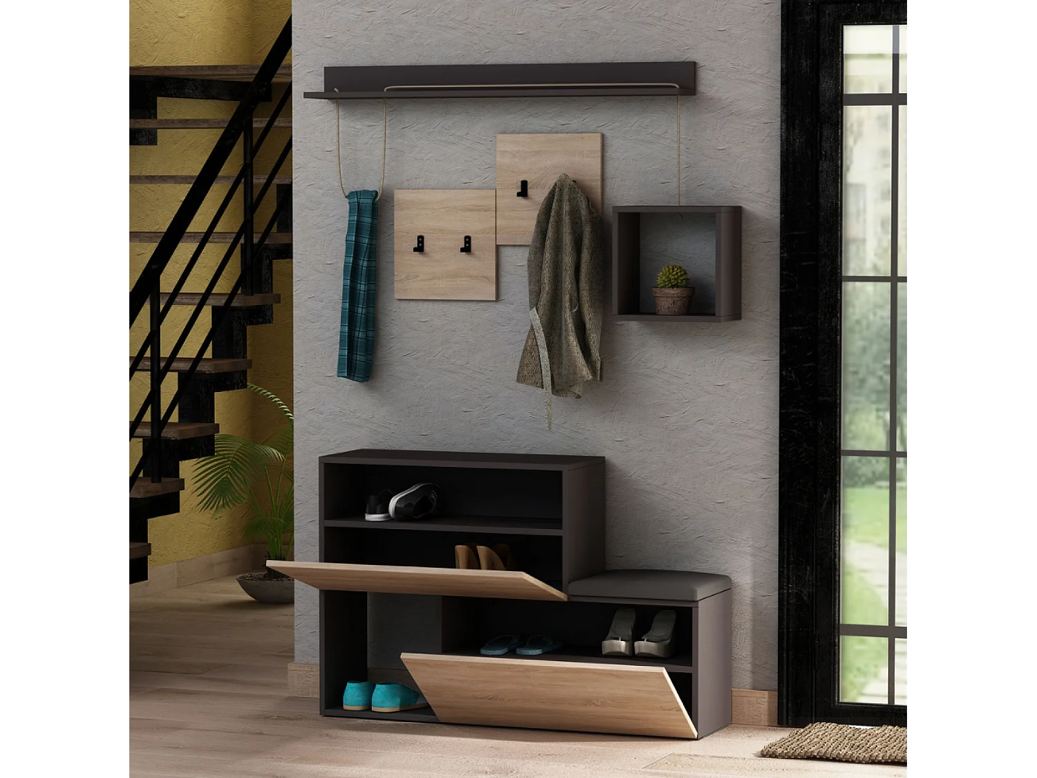 Mobile d'ingresso design a parete legno e grigio INGA