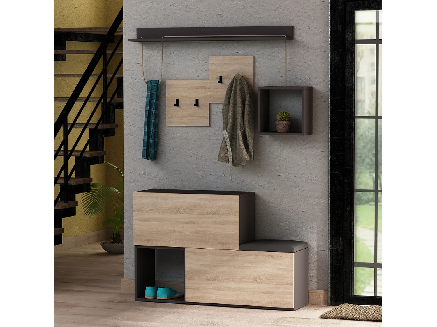 Meuble d'entrée design mural bois et gris INGA