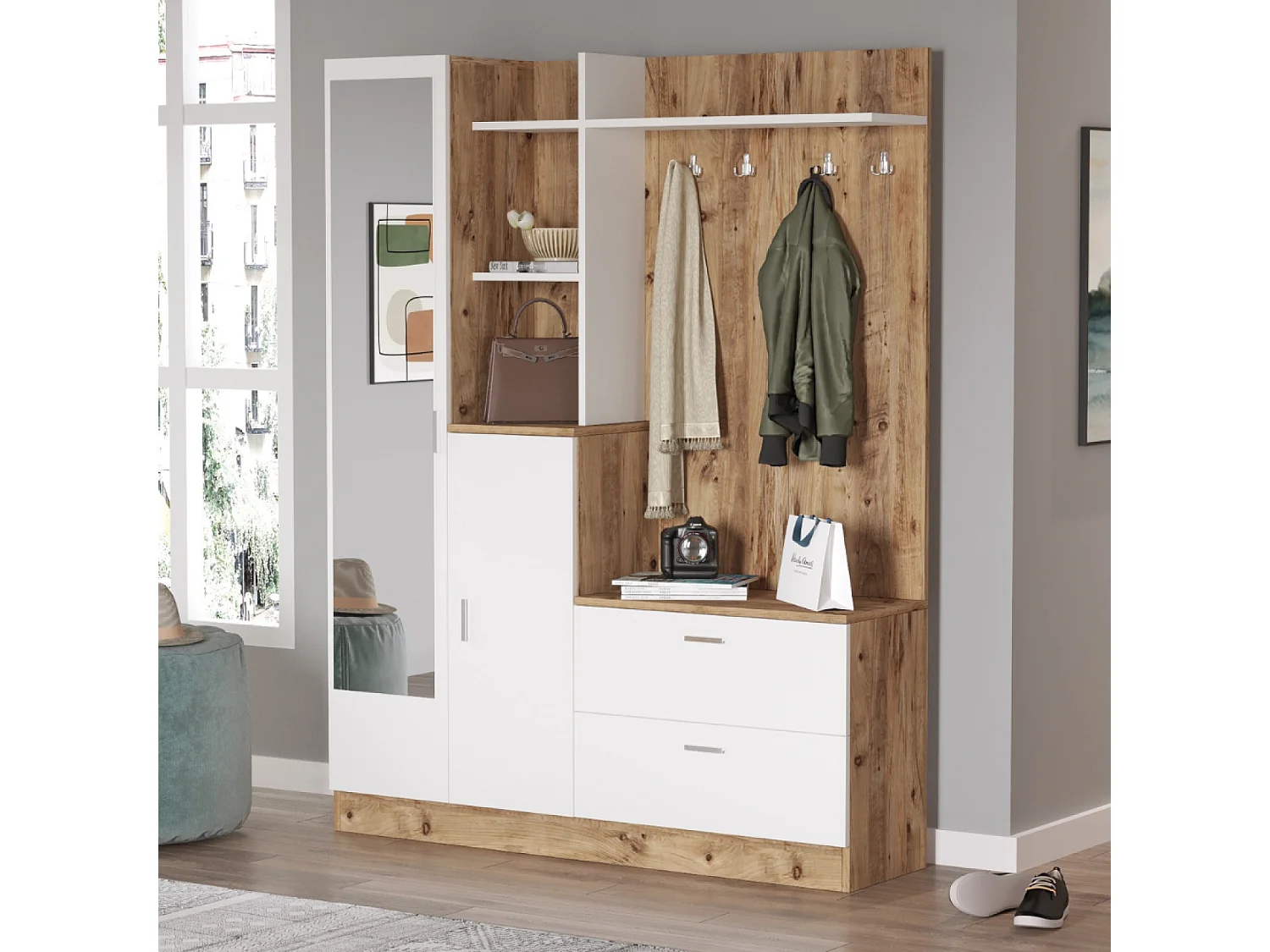 Móvel de entrada design escandinavo ANKA em madeira natural e branco
