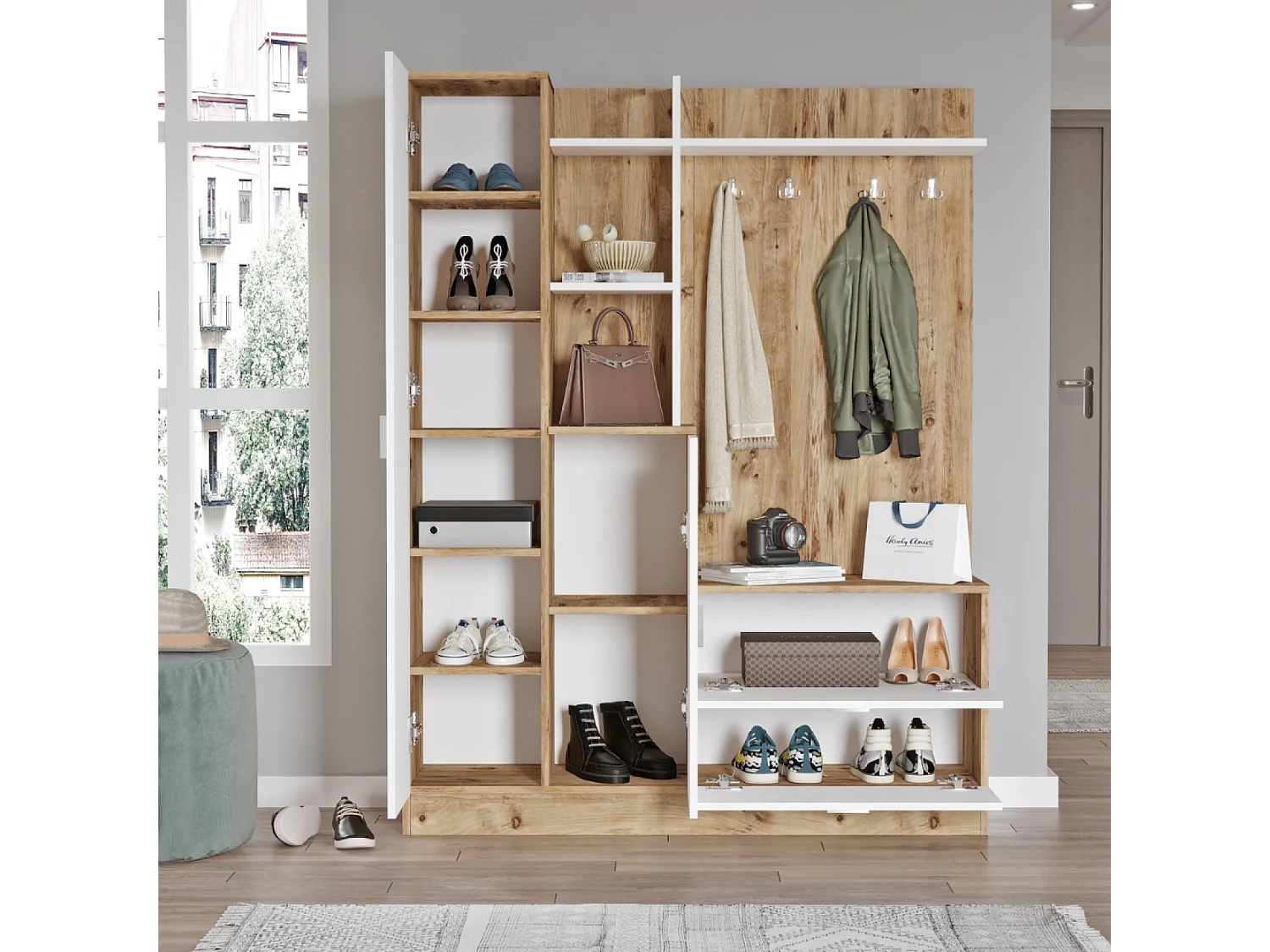 Móvel de entrada design escandinavo ANKA em madeira natural e branco