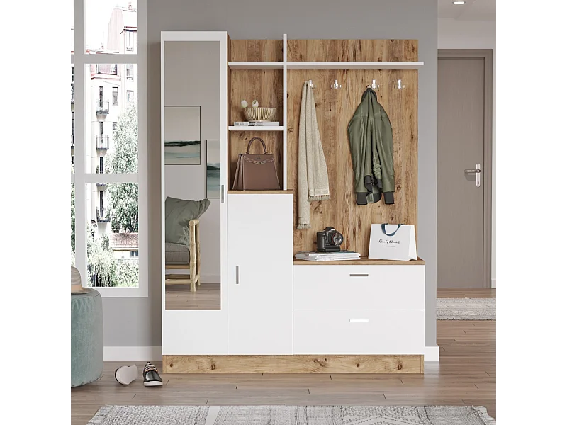 Móvel de entrada design escandinavo ANKA em madeira natural e branco