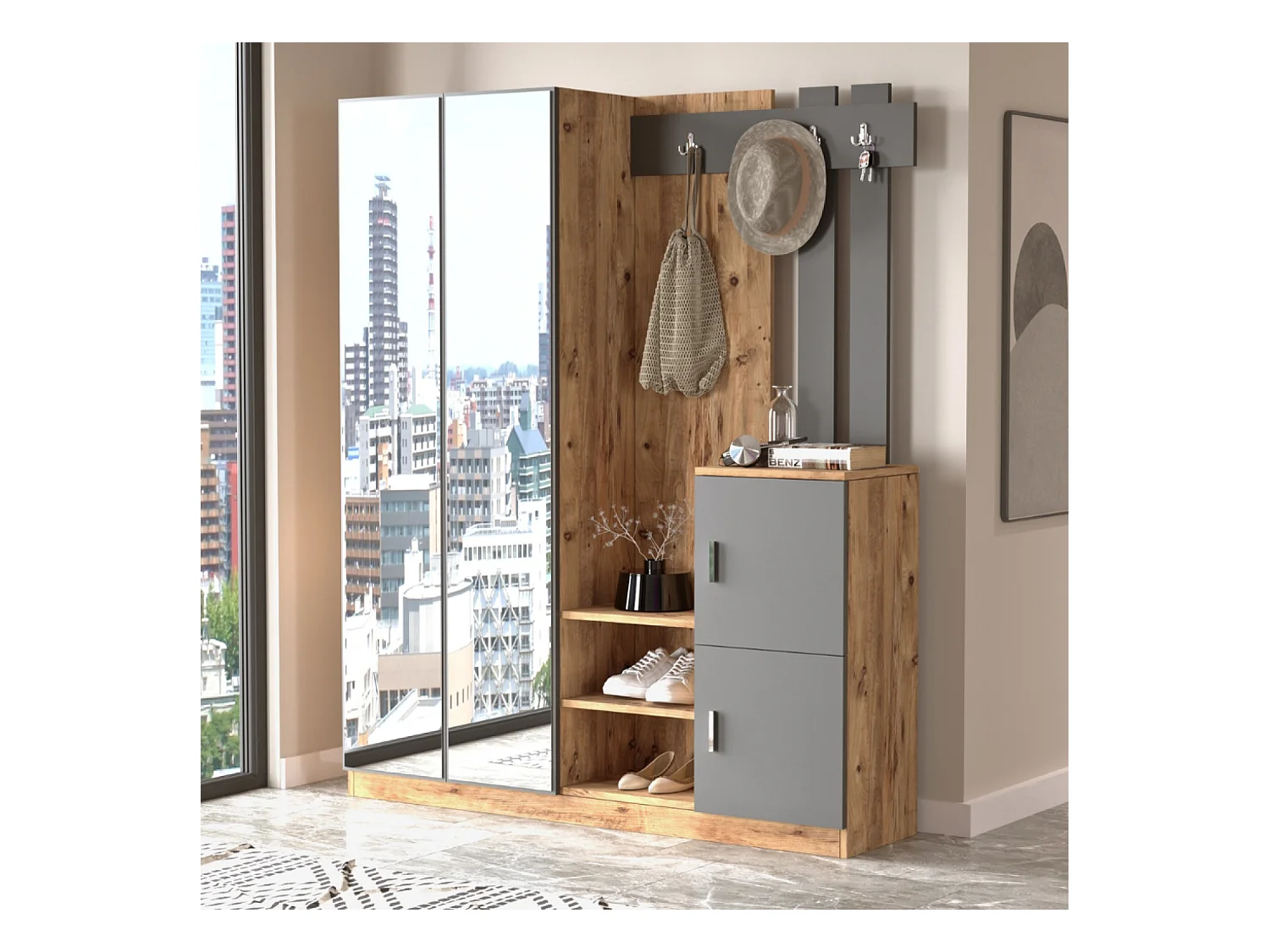 Meuble d'entrée design bois et gris avec miroir ANKA