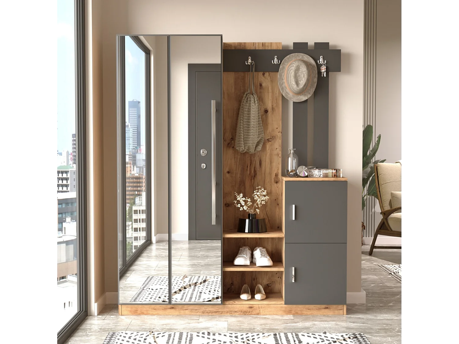 Design Halmeubel Hout en Grijs met Spiegel Anka - Ruime en Elegante Opbergruimte