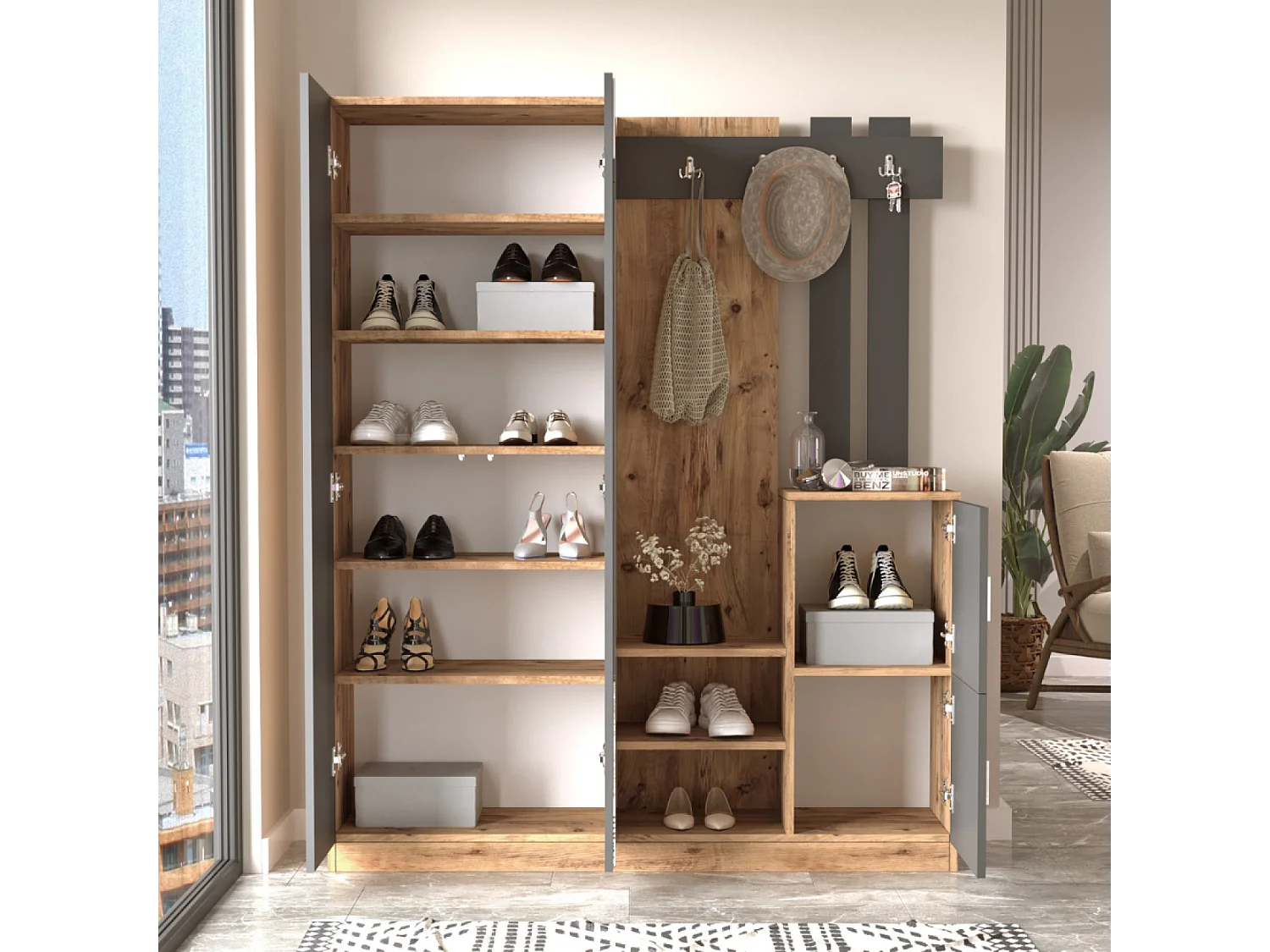 Móvel de Entrada Design Madeira e Cinza com Espelho Anka - Armazenamento Espaçoso e Elegante