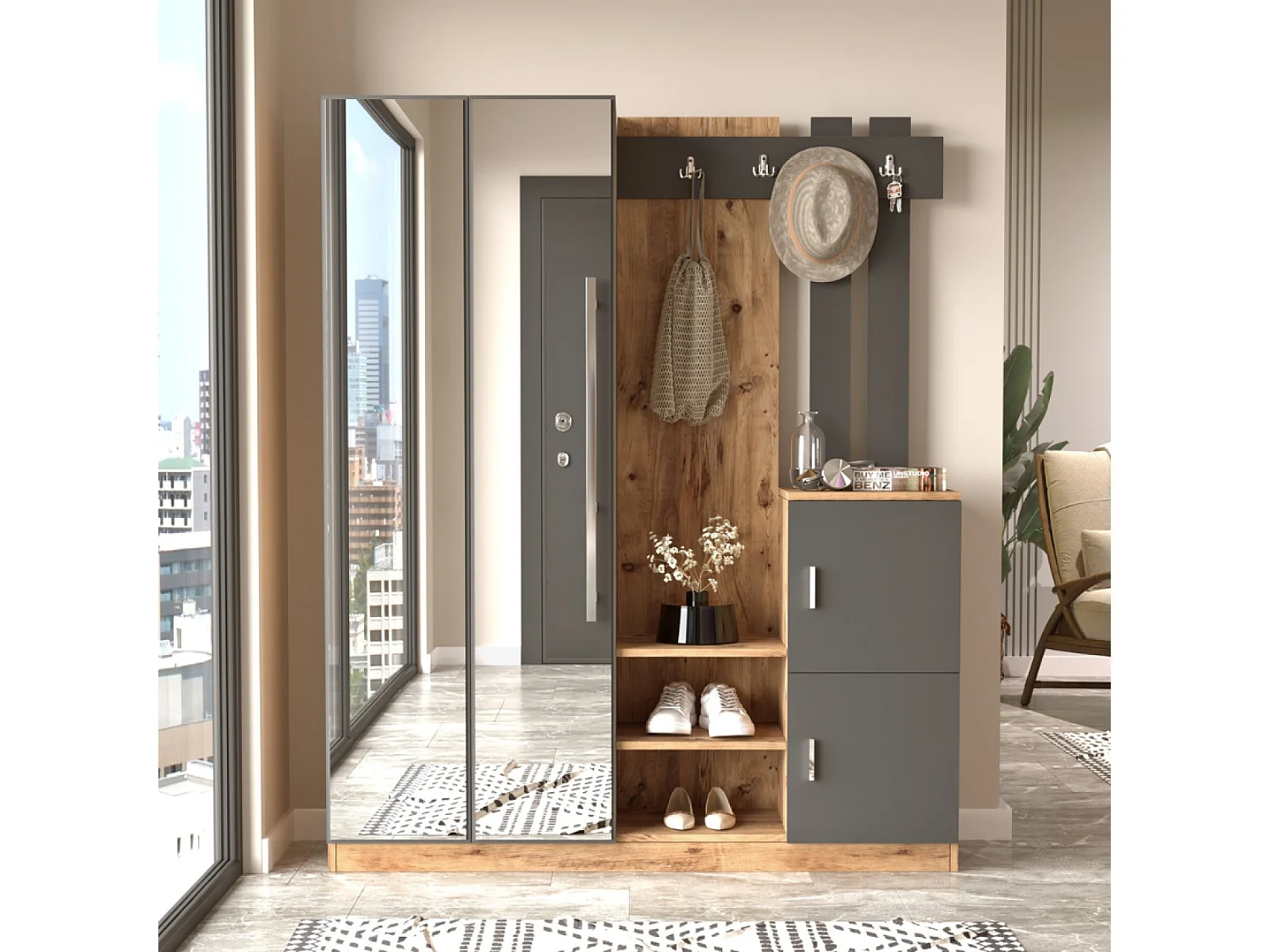 Móvel de Entrada Design Madeira e Cinza com Espelho Anka - Armazenamento Espaçoso e Elegante