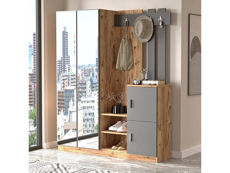 Design Halmeubel Hout en Grijs met Spiegel Anka - Ruime en Elegante Opbergruimte