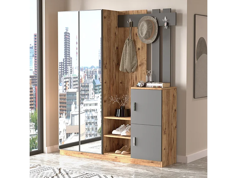 Meuble d'entrée design bois et gris avec miroir ANKA