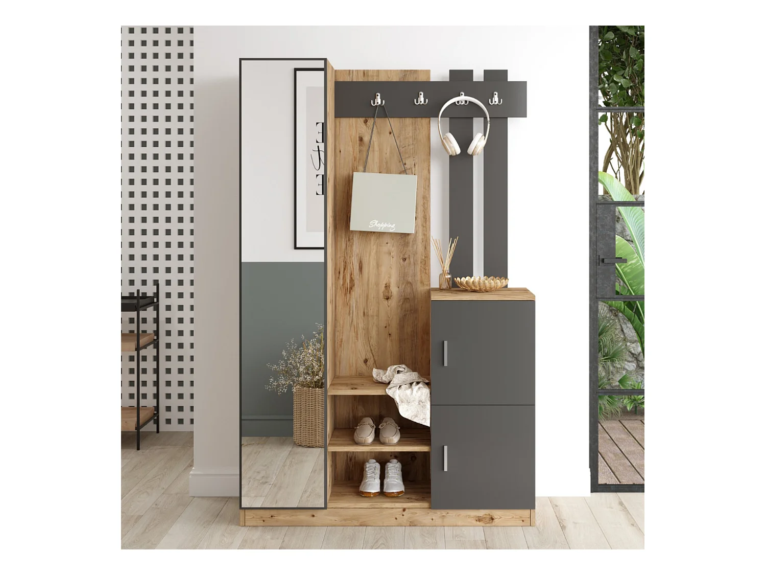 Meuble d'entrée design bois et gris miroir ANKA