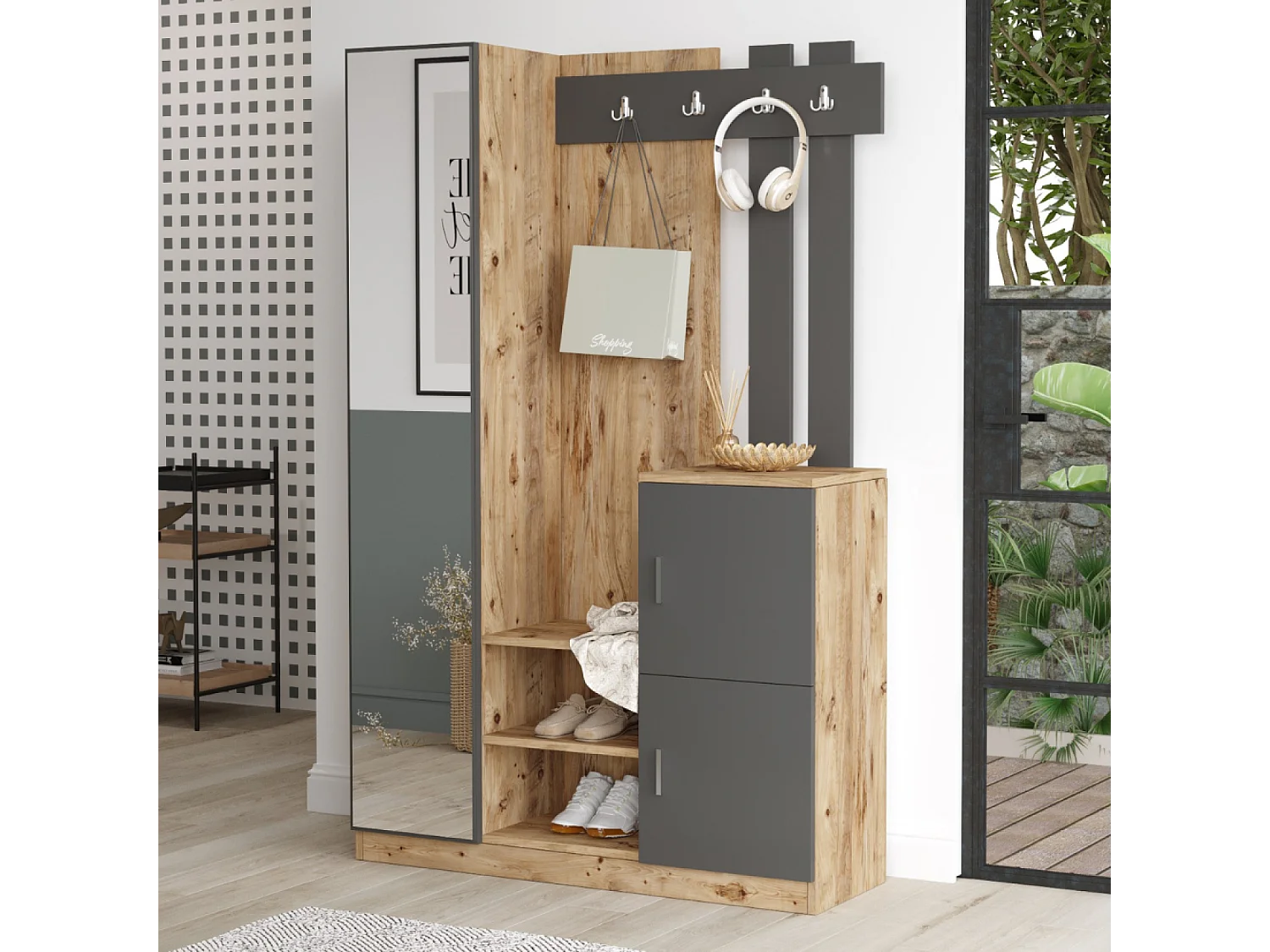 Meuble d'entrée design bois et gris miroir ANKA