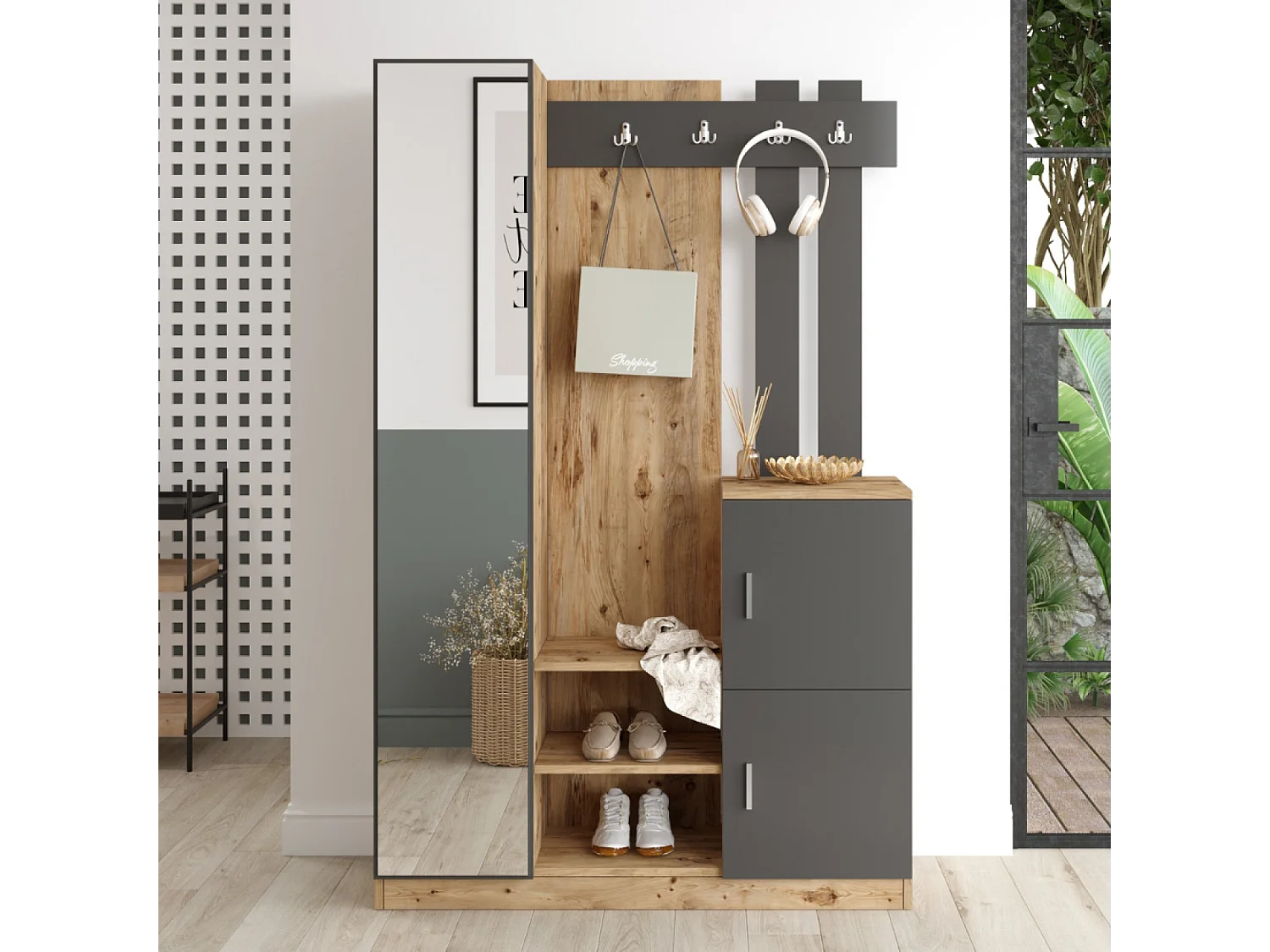 Mobile d'ingresso design legno e grigio con specchio ANKA