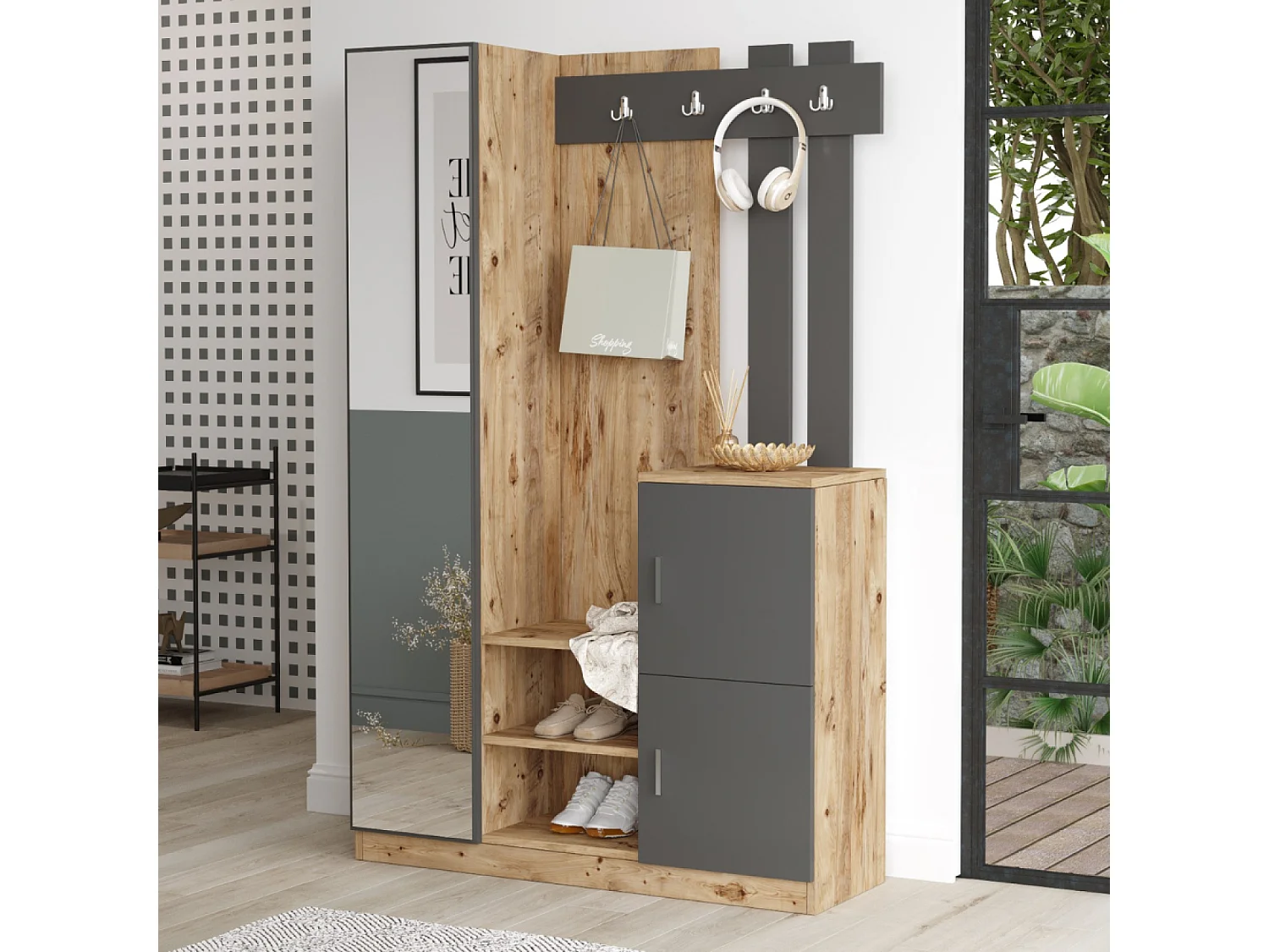 Meuble d'entrée design bois et gris miroir ANKA