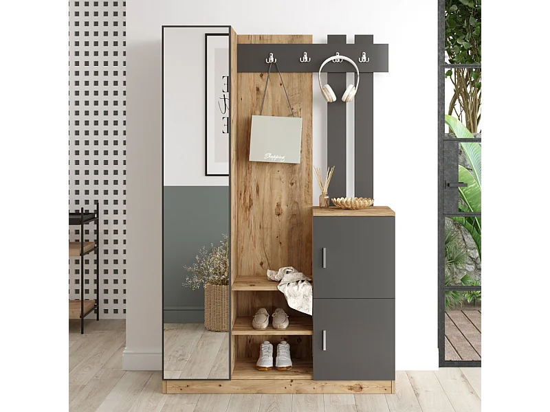 Móvel de Entrada Design Madeira e Cinza com Espelho Anka - Armazenamento Espaçoso e Elegante